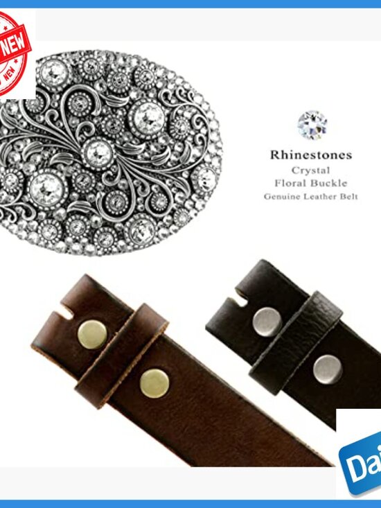 Genuine Leather Belt with Rhinestone Floral Buckle 1.5\